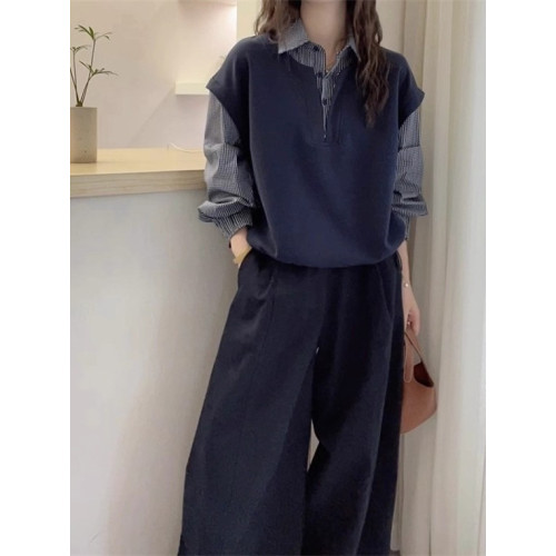 大碼假兩件條紋襯衫女長袖襯衣春季微胖mm遮肉顯瘦設計感拼接上衣