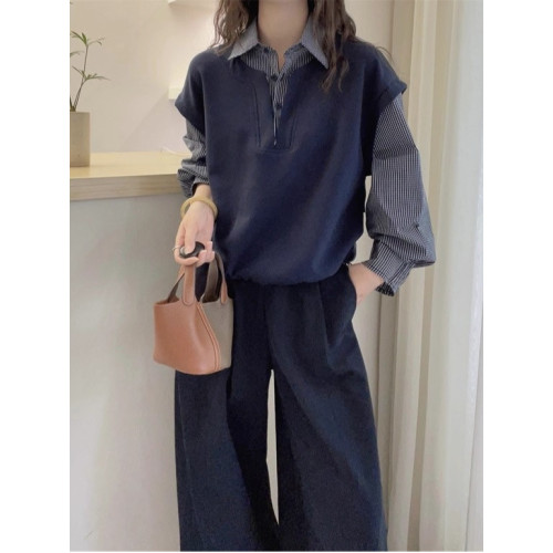 大碼假兩件條紋襯衫女長袖襯衣春季微胖mm遮肉顯瘦設計感拼接上衣