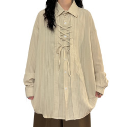 UATONLINE秋季日系休閒高級感交叉綁帶假兩件設計感長袖襯衫上衣