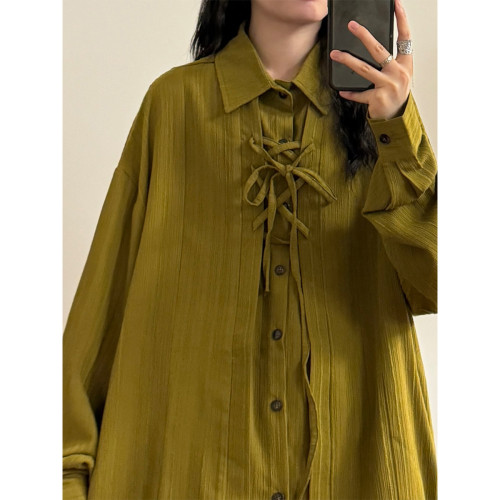 UATONLINE秋季日系休閒高級感交叉綁帶假兩件設計感長袖襯衫上衣