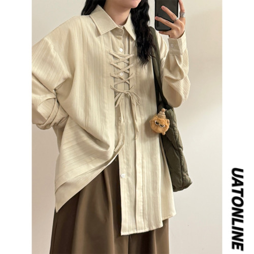 UATONLINE秋季日系休閒高級感交叉綁帶假兩件設計感長袖襯衫上衣