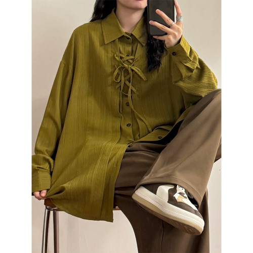 UATONLINE秋季日系休閒高級感交叉綁帶假兩件設計感長袖襯衫上衣