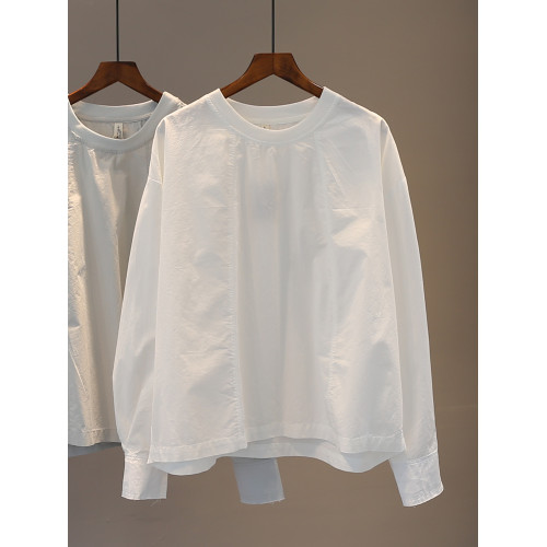 春季2026時尚百搭毛邊襯衫女純色寬鬆大碼休閒圓領舒適棉料上衣潮