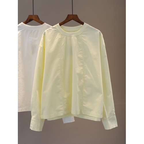 春季2026時尚百搭毛邊襯衫女純色寬鬆大碼休閒圓領舒適棉料上衣潮