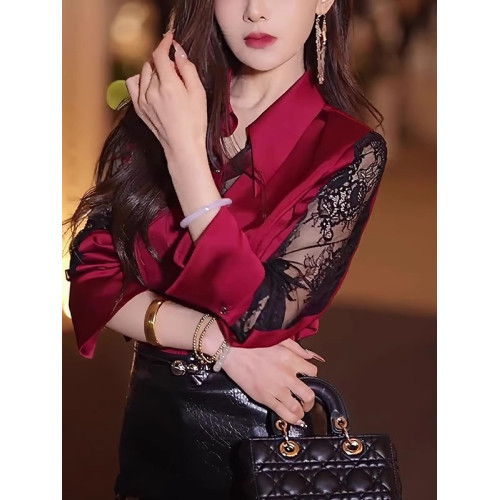 蕾絲拼接輕奢酒紅色襯衫女秋2025高級洋氣設計感獨特別致長袖襯衣