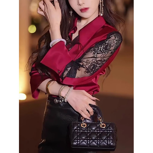 蕾絲拼接輕奢酒紅色襯衫女秋2025高級洋氣設計感獨特別致長袖襯衣
