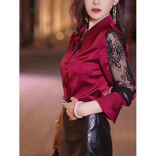蕾絲拼接輕奢酒紅色襯衫女秋2025高級洋氣設計感獨特別致長袖襯衣