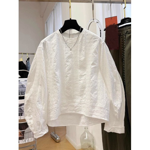 高級感韓系獨特別致圓領長袖襯衫女夏季法式小衫超好看肌理感上衣