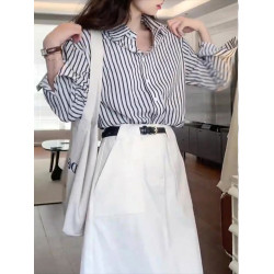 黑白竪紋襯衫女春季新款超好看小個子氣質減齡長袖POLO領條紋襯衣