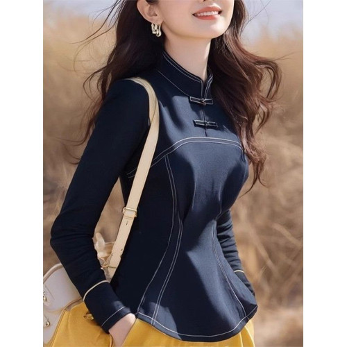 國風洋氣盤釦立領襯衫女長袖秋季新款洋氣減齡上衣收腰顯瘦打底衫