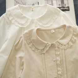 半糖松餅 春法式復古韓版甜美蕾絲花邊領百搭長袖純色內搭襯衫女