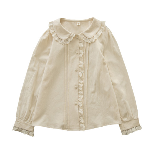 半糖松餅 春法式復古韓版甜美蕾絲花邊領百搭長袖純色內搭襯衫女