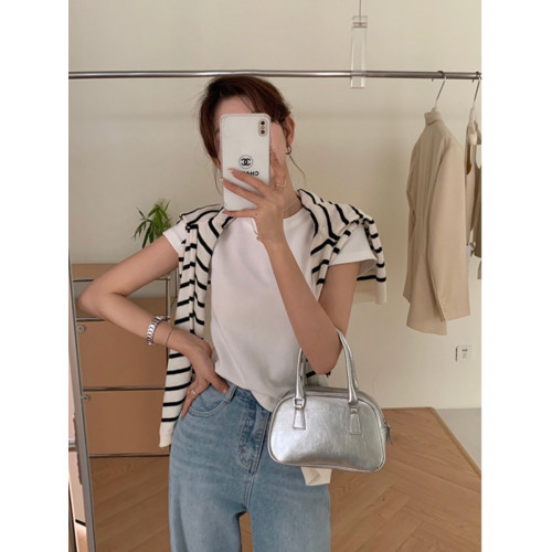 藍色正肩短袖t恤女夏季美式辣妹修身短款打底衫獨特純棉圓領上衣