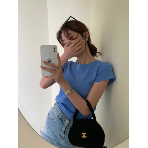藍色正肩短袖t恤女夏季美式辣妹修身短款打底衫獨特純棉圓領上衣