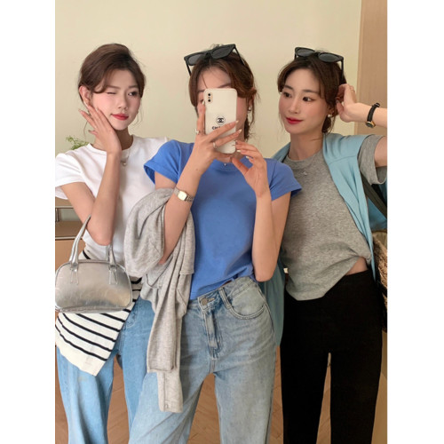 藍色正肩短袖t恤女夏季美式辣妹修身短款打底衫獨特純棉圓領上衣