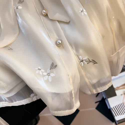 專櫃撤廻！蝴蝶結刺綉高級感襯衫女春季新款設計感小衆歐根紗上衣