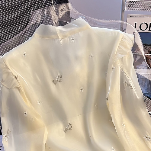 專櫃撤廻！蝴蝶結刺綉高級感襯衫女春季新款設計感小衆歐根紗上衣