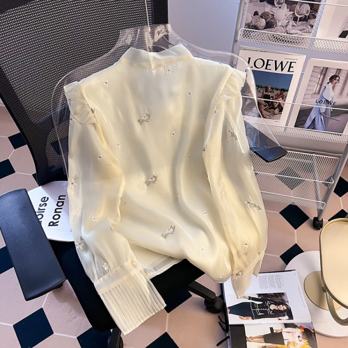 專櫃撤廻！蝴蝶結刺綉高級感襯衫女春季新款設計感小衆歐根紗上衣