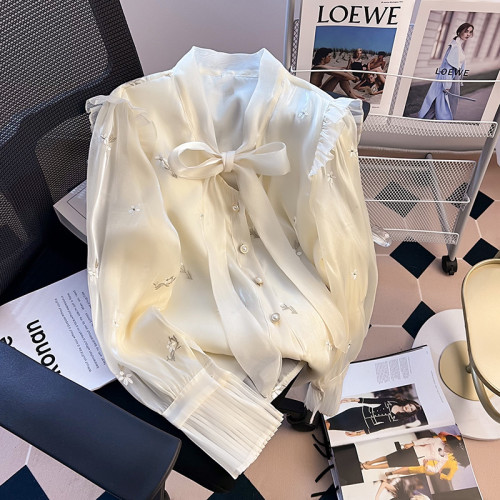 專櫃撤廻！蝴蝶結刺綉高級感襯衫女春季新款設計感小衆歐根紗上衣