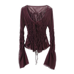 歐美風  2025秋季新品 女裝 系帶褶皺蝴蝶結V領短袖上衣 4813845