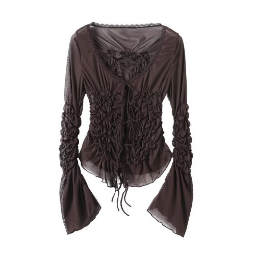 歐美風  2025秋季新品 女裝 系帶褶皺蝴蝶結V領短袖上衣 4813845