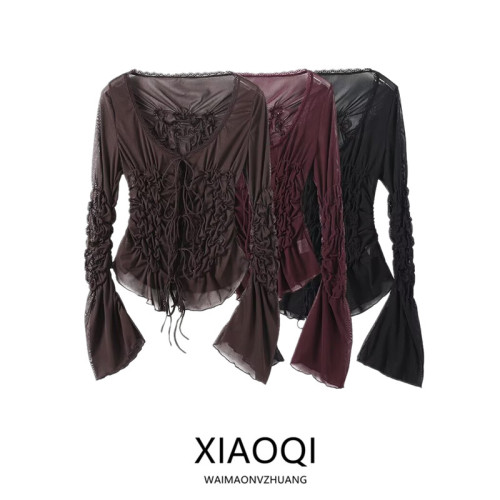 歐美風  2025秋季新品 女裝 系帶褶皺蝴蝶結V領短袖上衣 4813845