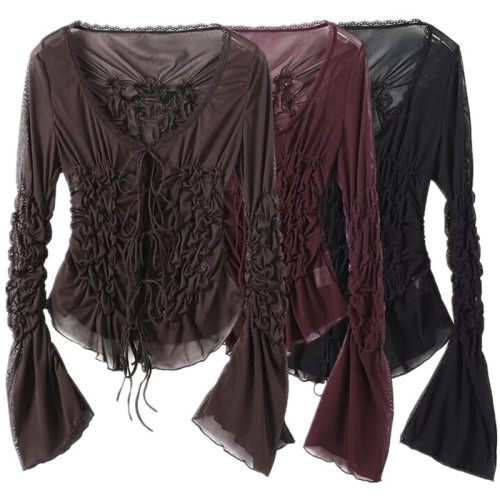 歐美風  2025秋季新品 女裝 系帶褶皺蝴蝶結V領短袖上衣 4813845