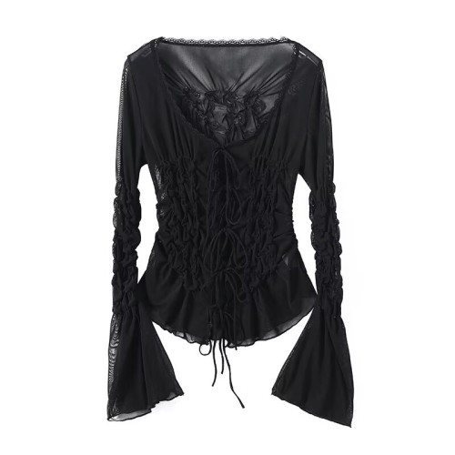 歐美風  2025秋季新品 女裝 系帶褶皺蝴蝶結V領短袖上衣 4813845