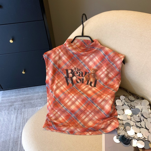 專櫃撤廻剪標美式辣妹格子半高領無袖背心女夏季新款別致短款上衣