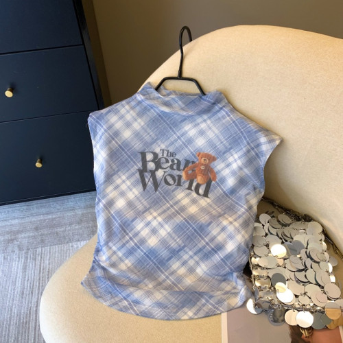 專櫃撤廻剪標美式辣妹格子半高領無袖背心女夏季新款別致短款上衣