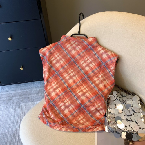 專櫃撤廻剪標美式辣妹格子半高領無袖背心女夏季新款別致短款上衣