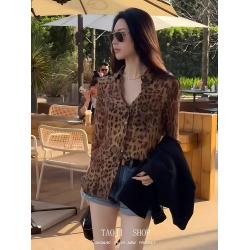 復古氣質豹紋長袖防曬襯衫女春夏薄款雪紡衫小衆設計感寬鬆小上衣