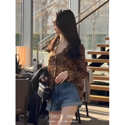 復古氣質豹紋長袖防曬襯衫女春夏薄款雪紡衫小衆設計感寬鬆小上衣 復古氣質豹紋長袖防曬襯衫女春夏薄款雪紡衫小衆設計感寬鬆小上衣