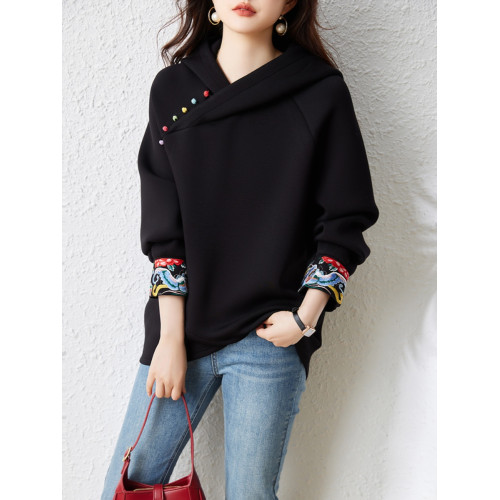 九月陌墨國風設計感不規則衛衣秋季2024新款大碼刺綉連帽長袖上衣