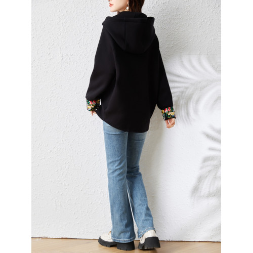 九月陌墨國風設計感不規則衛衣秋季2024新款大碼刺綉連帽長袖上衣