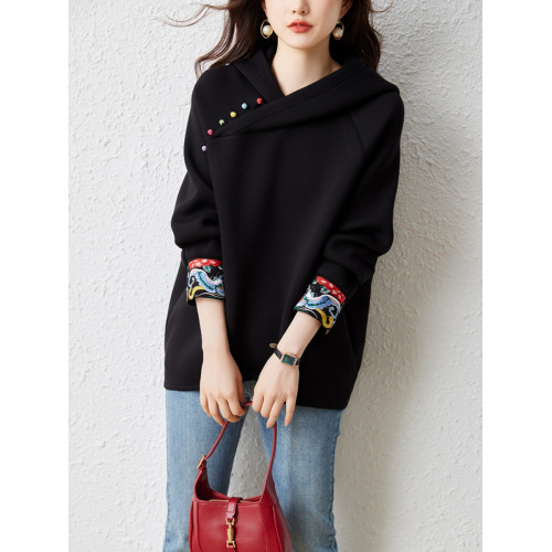 九月陌墨國風設計感不規則衛衣秋季2024新款大碼刺綉連帽長袖上衣