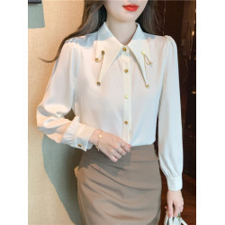 法式高級感尖領襯衫女2026秋冬新款洋氣雪紡襯衣時尚鏈條拼接上衣