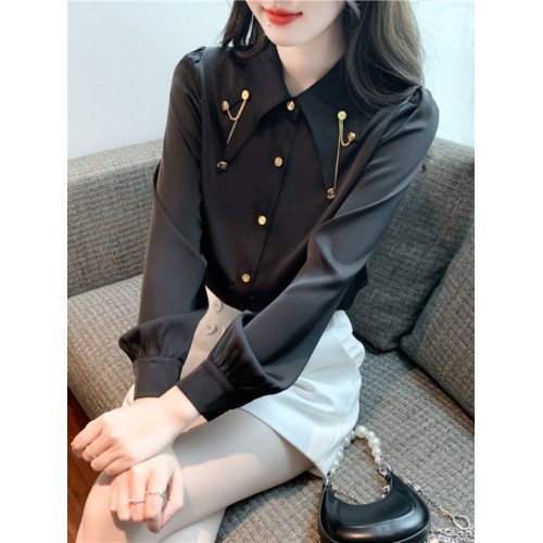 法式高級感尖領襯衫女2026秋冬新款洋氣雪紡襯衣時尚鏈條拼接上衣