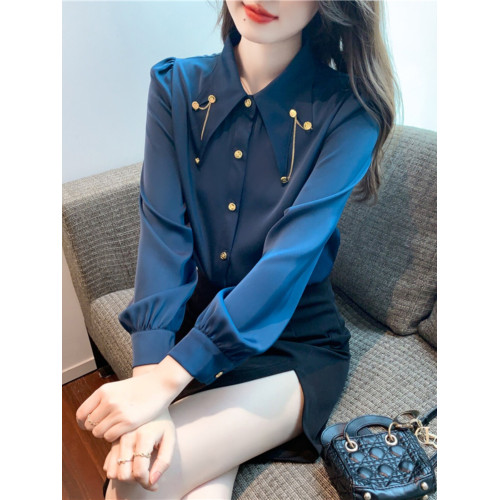 法式高級感尖領襯衫女2026秋冬新款洋氣雪紡襯衣時尚鏈條拼接上衣