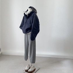 原色CHAO級推薦！韓系藏藍色連帽棉服女2024新款寬鬆百搭沖鋒衣