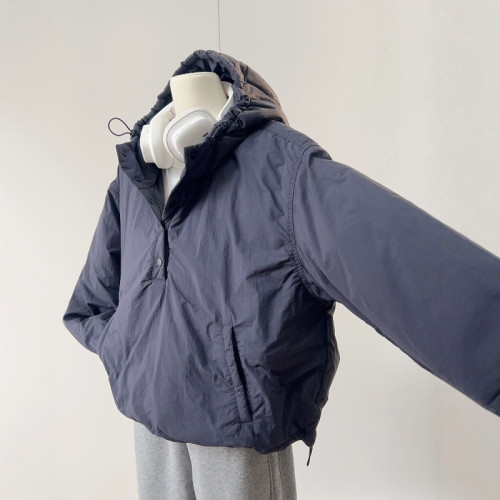 原色CHAO級推薦！韓系藏藍色連帽棉服女2024新款寬鬆百搭沖鋒衣