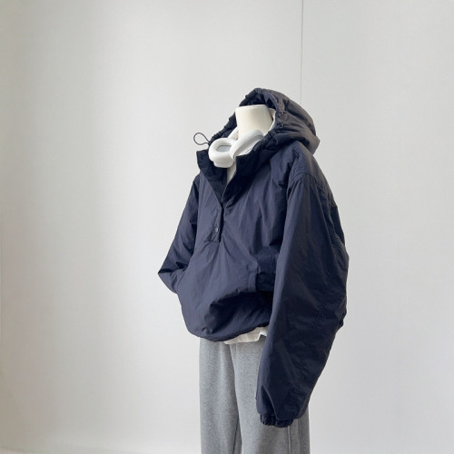 原色CHAO級推薦！韓系藏藍色連帽棉服女2024新款寬鬆百搭沖鋒衣