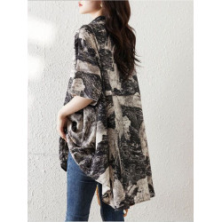 大碼復古印花休閒襯衫女夏裝2025年新款寬鬆遮肚子中長款雪紡上衣