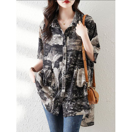 大碼復古印花休閒襯衫女夏裝2025年新款寬鬆遮肚子中長款雪紡上衣