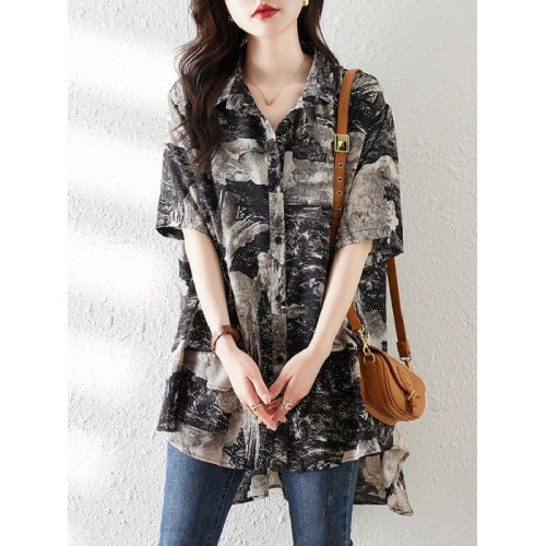 大碼復古印花休閒襯衫女夏裝2025年新款寬鬆遮肚子中長款雪紡上衣