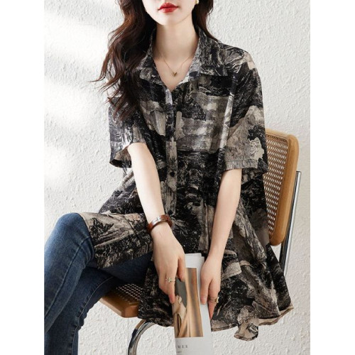 大碼復古印花休閒襯衫女夏裝2025年新款寬鬆遮肚子中長款雪紡上衣