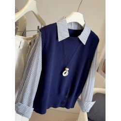 韓版25秋裝時尚休閒假兩件上衣女針織拼接條紋襯衫女減齡百搭襯衣