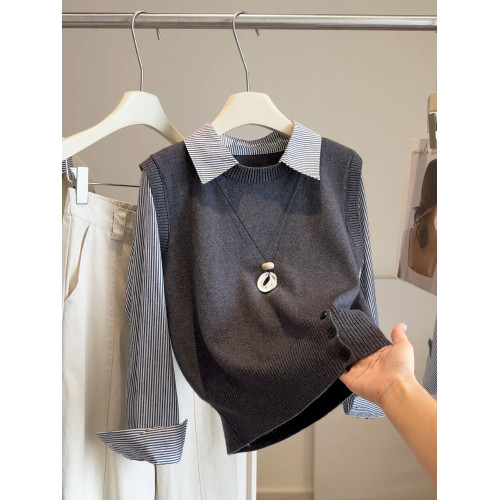 韓版25秋裝時尚休閒假兩件上衣女針織拼接條紋襯衫女減齡百搭襯衣