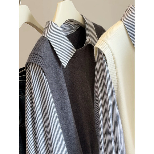 韓版25秋裝時尚休閒假兩件上衣女針織拼接條紋襯衫女減齡百搭襯衣