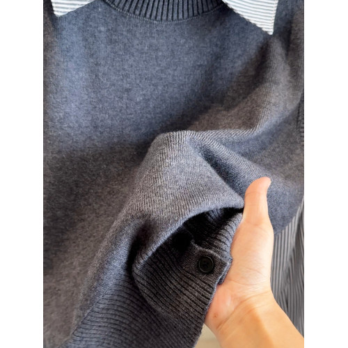 韓版25秋裝時尚休閒假兩件上衣女針織拼接條紋襯衫女減齡百搭襯衣